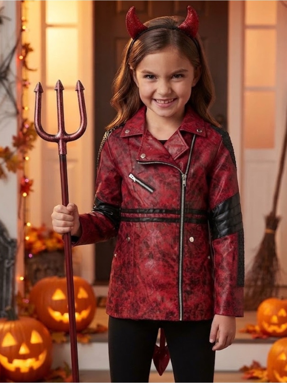 Halloween Costumes devil long red faux leather jacket with tail dress up girls L